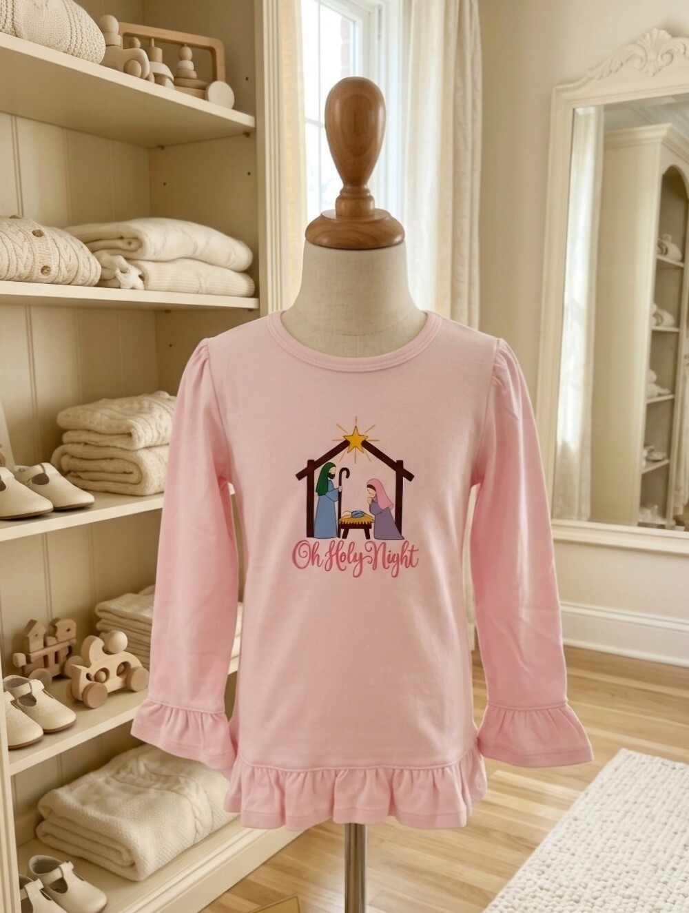 SK Blanks 4Y Pink Ruffle Manger Scene Long Sleeve T-Shirt
